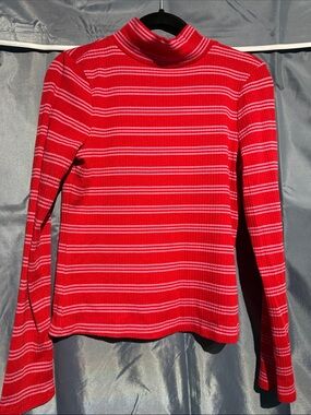 Mauve Red & White Striped Mock Neck Long Sleeve Top